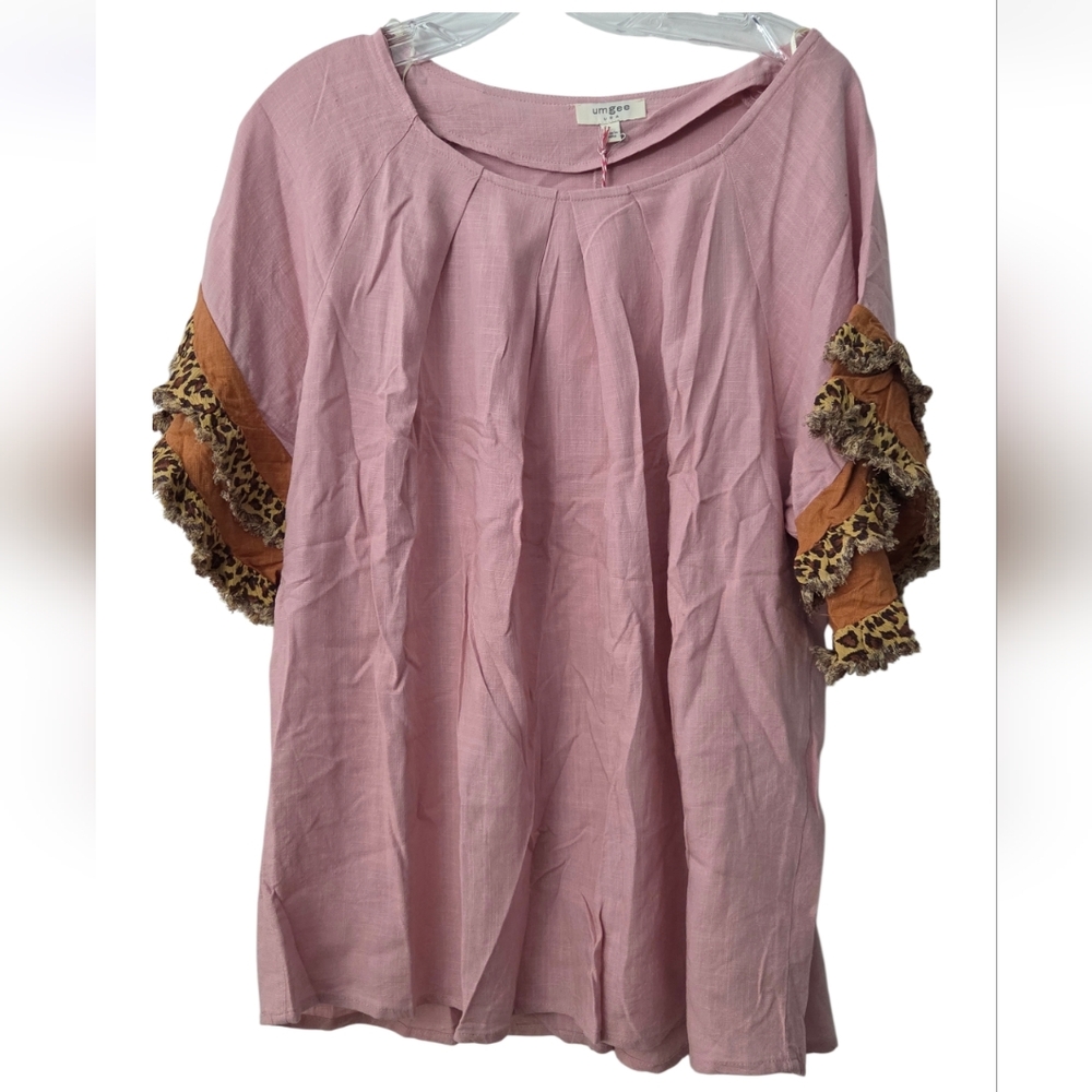 NWT Umger Pink Leopard Trim Women's Top Coverup Size L